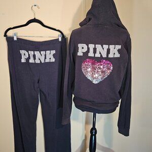 VS PINK Vintage Bling Tank Top, Pants, and Sweat Shirt Hearts Sequins